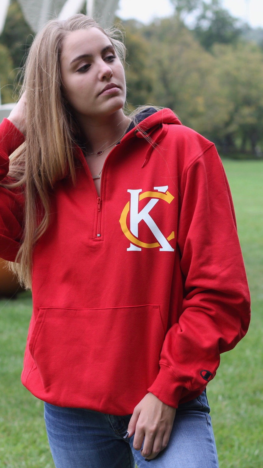 "KC Logo" Champion - Unisex Cotton Max Hooded Quarter-Zip Sweatshirt